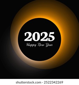 Frohes neues Jahr 2025 Inschrift im Kreis Lichtrahmen. Weiße Zahlen auf orangefarbenem und braunem runden Neonbanner einzeln auf schwarzem Hintergrund. Vektorgrafik