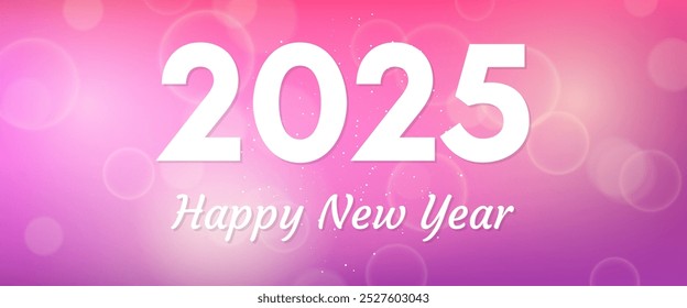 Happy new year 2025 inscription on blurred background. White numbers on backdrop with confetti, bokeh and lens flare. Vector illustration