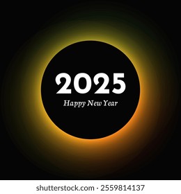 Happy new year 2025 inscription in circle light frame. White numbers on green and orange round neon banner isolated on black background. Vector illustration