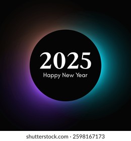 Happy new year 2025 inscription in circle light frame. White numbers on blue and purple round neon banner isolated on black background. Vector illustration