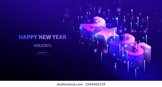 Happy New Year 2025 isometric banner in technology style. Ai holidays new year vector background with star. Happy holiday high tech design. Neon lamp text of 2025 NEW YEAR.