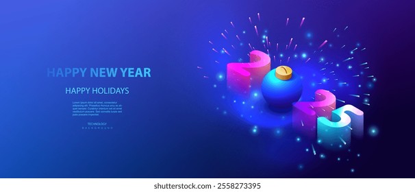 Happy New Year 2025 isometric banner in technology style. Ai holidays new year vector background with ball and fireworks. Happy holiday high tech design. Number of 2025 NEW YEAR.