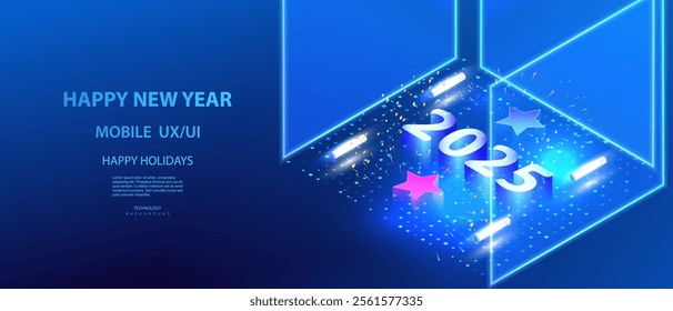 Happy New Year 2025 isometric banner in technology style. Ai holidays new year vector background. Happy holiday card with glass wall, neon numbers, star and lamps inside. Carnival celebration deign.