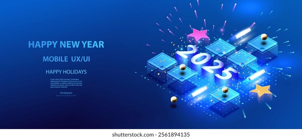 Happy New Year 2025 isometric banner in technology style. Ai holidays new year vector background. Happy carnival high tech design. Neon lamp, stars and number of 2025 NEW YEAR.