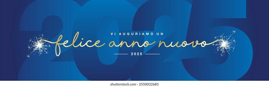 Feliz Ano Novo 2025 Língua italiana tipografia manuscrita de ouro com fogos de artifício brilhantes e sombra azul em forma de 2025. Cartão de Ano Novo, papel de parede, banner web, cartão de saudação