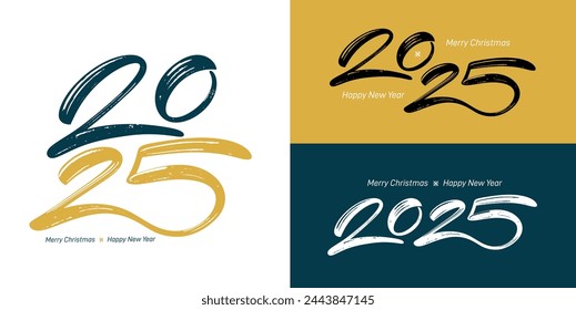 Happy New Year 2025 lettering logos. The numbers is hand drawn with a brush. Set of vector illustration with black, gold and white numbers 2025. New Year holiday logos template. 2025 New Year symbols.