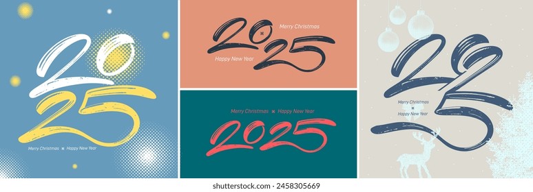 Happy New Year 2025 lettering logos. The number is hand drawn with a brush. Set of vector illustration with black, gold and white numbers 2025. New Year holiday logos template. 2025 New Year symbols.