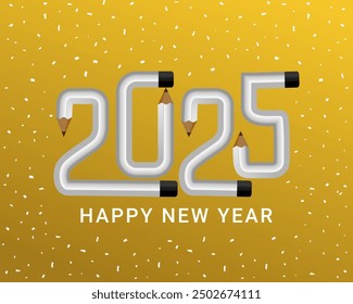Happy New Year 2025 lettering calligraphy text design template, pencil, typography, alphabet letters and numbers vector