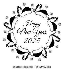 Happy New Year 2025 lettering, Candy Cane, Santa hat and snowflakes Black and white Round Frame