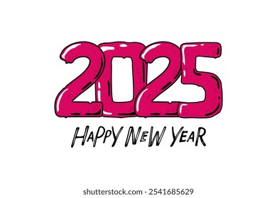 Happy New Year 2025 lettering in groovy style for greeting card, poster, sticker. Number illustrations. Hand drown color word isolated on white background. Winter greeting typography. Holiday quote.