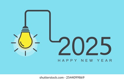 Happy new year 2025 with a light bulb on blue background. Idea and creative, inspiration concepts. Vector illustration. 