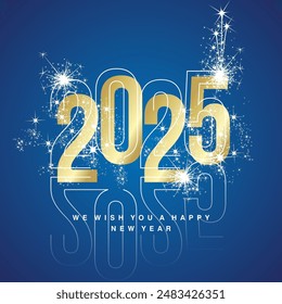 Happy New Year 2025 line and bold light white golden shining typography with sparkle firework and glass numbers shadow on blue isolated background icon logo