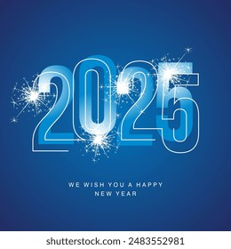 Feliz año Nuevo 2025 línea y tipografía brillante azul claro audaz con fuegos artificiales brillantes en el logotipo de icono de fondo aislado azul