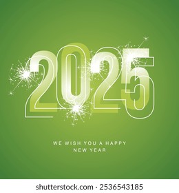 Feliz año Nuevo 2025 línea y atrevida tipografía brillante verde claro con fuegos artificiales brillantes sobre fondo aislado verde logo