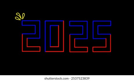 happy new year 2025 line neon design color red and blue with flowers in the top corner - template 2025