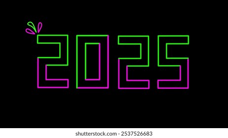 happy new year 2025 line neon design color green and pink with flowers in the top corner- template 2025