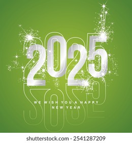 Happy New Year 2025 line and bold light white silver shining typography with sparkle firework and glass numbers shadow on green isolated background icon logo