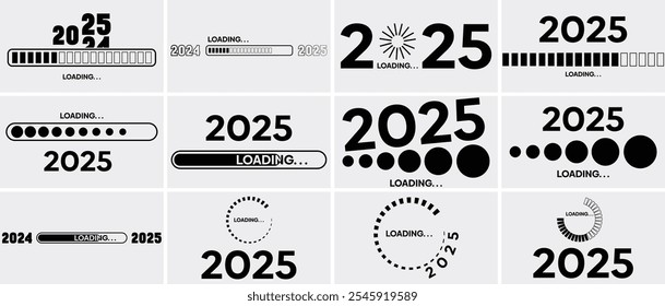 Feliz Año Nuevo 2025 Cargando Barra Diseño Paquete, 2025 Cargando Barra Diseño, Progreso Cargando Barra 2024 a 2025 Diseño