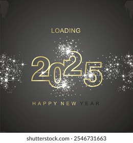 Feliz año Nuevo 2025 cargando la chispa de luz fuegos artificiales dorado blanco Vector negro icono de logotipo