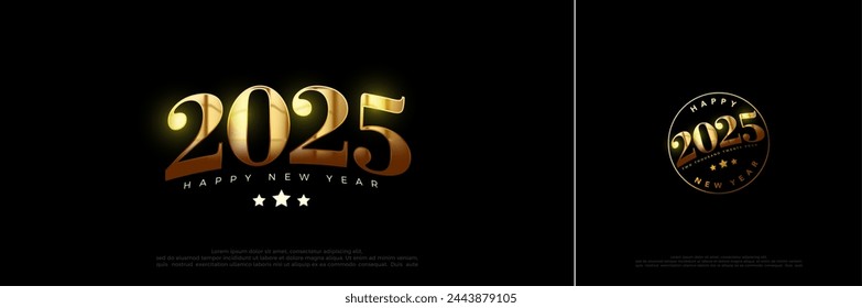 Happy new year 2025 logo. With shiny luxury gold numbers on black background. Premium design for new year celebration.