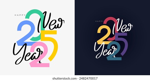 Feliz Año Nuevo 2025 logo diseño de lujo. Con coloridos números truncados. Diseño de Vector colorido de Premium para tarjeta, Anuncio, póster, saludo y celebración del Nuevo año 2025. Ilustración de Navidades de Vector.