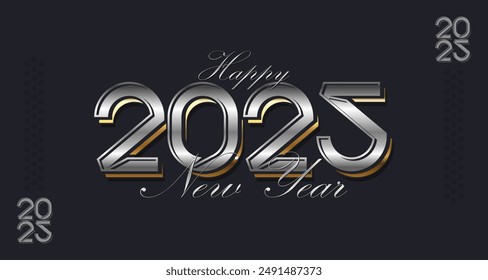 Happy new year 2025 logo with metal text design vector illustration. Premium vector design for new year 2025 celebration