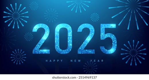 Happy New Year 2025 logo text design. Vector luxury text 2025 on dark blue color background.Festive fireworks and glittering 2025 numerals on a vibrant , perfect for New Year’s Eve celebrations.