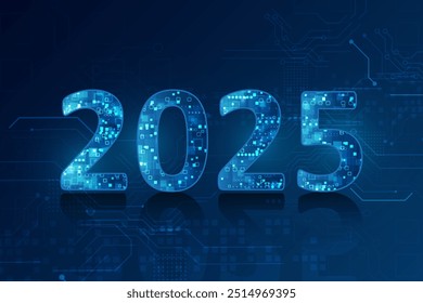 Feliz Ano Novo 2025 logotipo texto design. Texto de luxo vetorial 2025 sobre fundo de cor azul escuro.Uma representação digital futurista do ano 2025 com um padrão de placa de circuito no fundo.