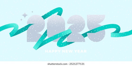Happy new year 2025 logo with curly ribbon. New Year sign with turquoise squiggle lines and grainy texture. Vector illustration.