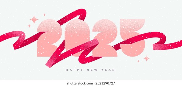 Happy new year 2025. New Year  logo with ribbon. New Year sign with red squiggle lines. Vector illustration with grainy texture.