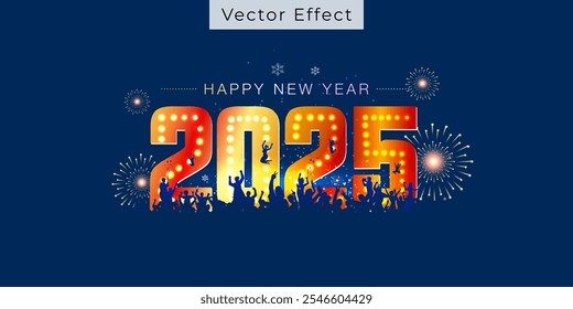 Happy New year 2025 Logo with silhouette of people dancing cheering, party, fireworks, fun activity, and celebration night background.