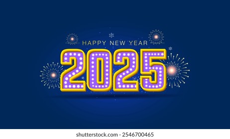 Happy new year 2025 logo- decorated with lights and fireworks background.