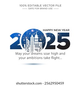 Happy New year 2025 logo with Smart, modern, city skyline, high rise buildings and celebration theme. isolated on white background. Greeting card, poster, banner vector illustration.