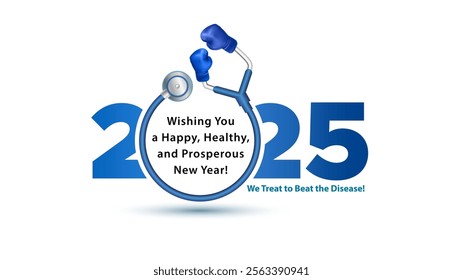 Happy New Year 2025 logo. Happy and healthy wishes greeting card design.