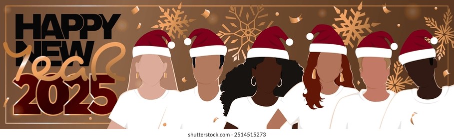 Happy New Year 2025 long horizontal banner. A group of diverse people wearing Santa hats. Modern flat illustration with golden snowflakes.