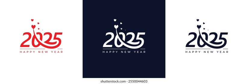 Feliz año nuevo 2025 Loves Logo Design. Premium Love Shape 2025 Año Nuevo Diseño de logotipo de Vector. Amor, amores, diseño editable 2025