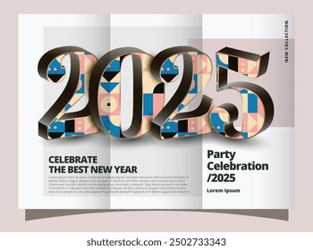 Happy New Year 2025 magazine design background. Elegant 3D colorfull poster designs. Vector design for a 2025 poster and calendar 
