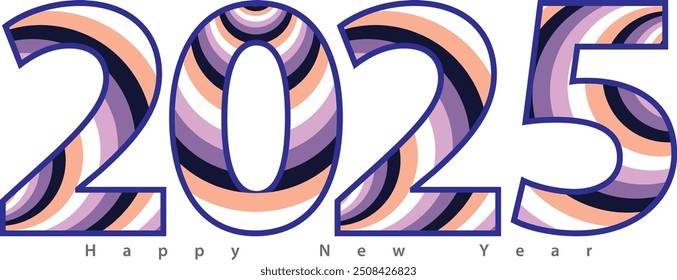 happy new year 2025 with many circle stripes color inside, 2025 vector illustration, isolated on white background.