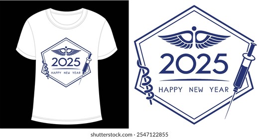 Happy new year 2025 medical doctor symbol technology profession t-shirt design vector format printable typography white black fashion cotton casual wear men women kids festive trendy png download