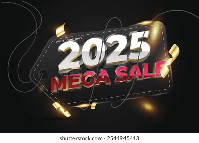 Feliz año Nuevo 2025 mega venta . Efecto realista de texto en 3D con confeti que cae sobre un fondo negro