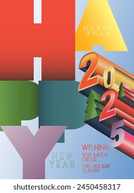  Happy New Year 2025 Merry Christmas greeting poster cover card, Modern design typography invite posters, square template, Layout. Holidays Christmas tree and numbers gradient flat design banner