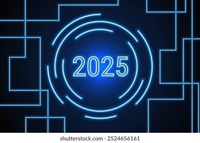 Happy New Year 2025 and merry Christmas. Technology, Microprocessor Interface. Futuristic hi-tech Circuit Number Digital Concept. blue background.