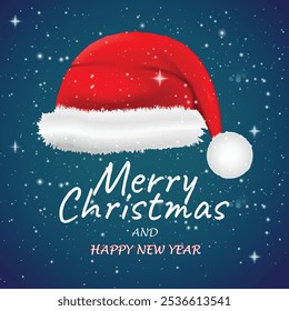 Happy New Year 2025 Merry Christmas Snowfall Design With Santa Cap Isolated on Blue Background. Santa Clause Red Cap and Snowfall Vector To Celebrate Happy New Year 2025. Enjoy Happy Merry Christmas