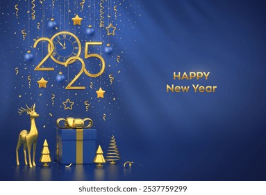 Happy New Year 2025. Merry christmas card. Hanging golden metallic numbers 2025, stars, balls, confetti. Watch with Roman numeral countdown midnight. Gift box, gold deer, fir, spruce trees. Vector.