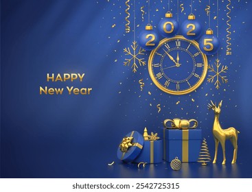 Feliz año Nuevo 2025. Tarjeta de Feliz Navidad. Bolas de chuchería de Navidades azules con números de oro 2025, copos de nieve. Reloj con cuenta regresiva de números romanos a medianoche. Caja de regalo, renos, abetos, abetos. Vector.