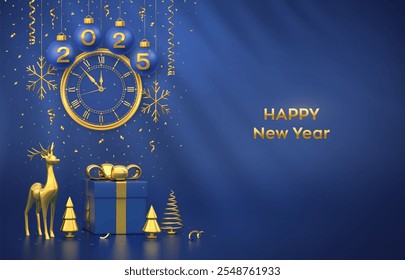 Happy New Year 2025. Merry christmas card. Blue Christmas bauble balls with gold numbers 2025, snowflakes. Watch with Roman numeral countdown midnight. Gift box, reindeer, fir, spruce trees. Vector.