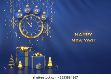 Happy New Year 2025. Merry christmas card. Blue Christmas bauble balls with gold numbers 2025, snowflakes. Watch with Roman numeral countdown midnight. Gift box, golden pine fir spruce trees. Vector.