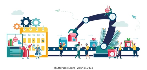 Happy New Year 2025. Merry Christmas holiday gift production line. People workers at work, automation and user interface concept. Cyber-physical system, smart industry 4.0. work. vector illustration