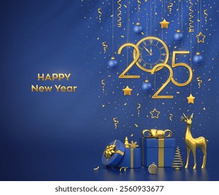 Happy New Year 2025. Merry christmas card. Blue Christmas bauble balls with gold numbers 2025, snowflakes. Watch with Roman numeral countdown midnight. Gift boxes, reindeer, fir, spruce trees. Vector.