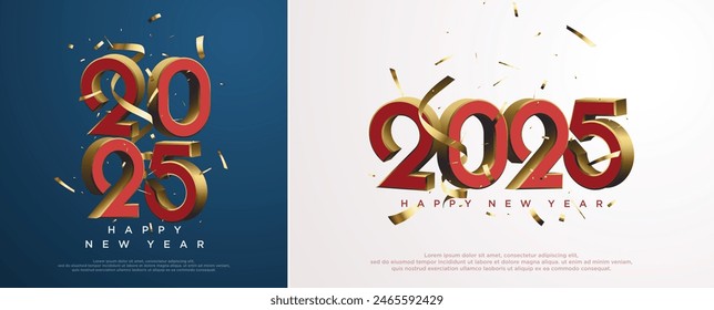 Happy new year 2025 with modern 3D red and gold color number design template. 2025 new year celebration concept for greeting card, banner and post template.